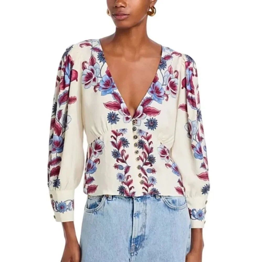 New Farm Rio Floral V-Neck Button Front Puff Sleeve Malu Blouse Top Size Small - Picture 2 of 8